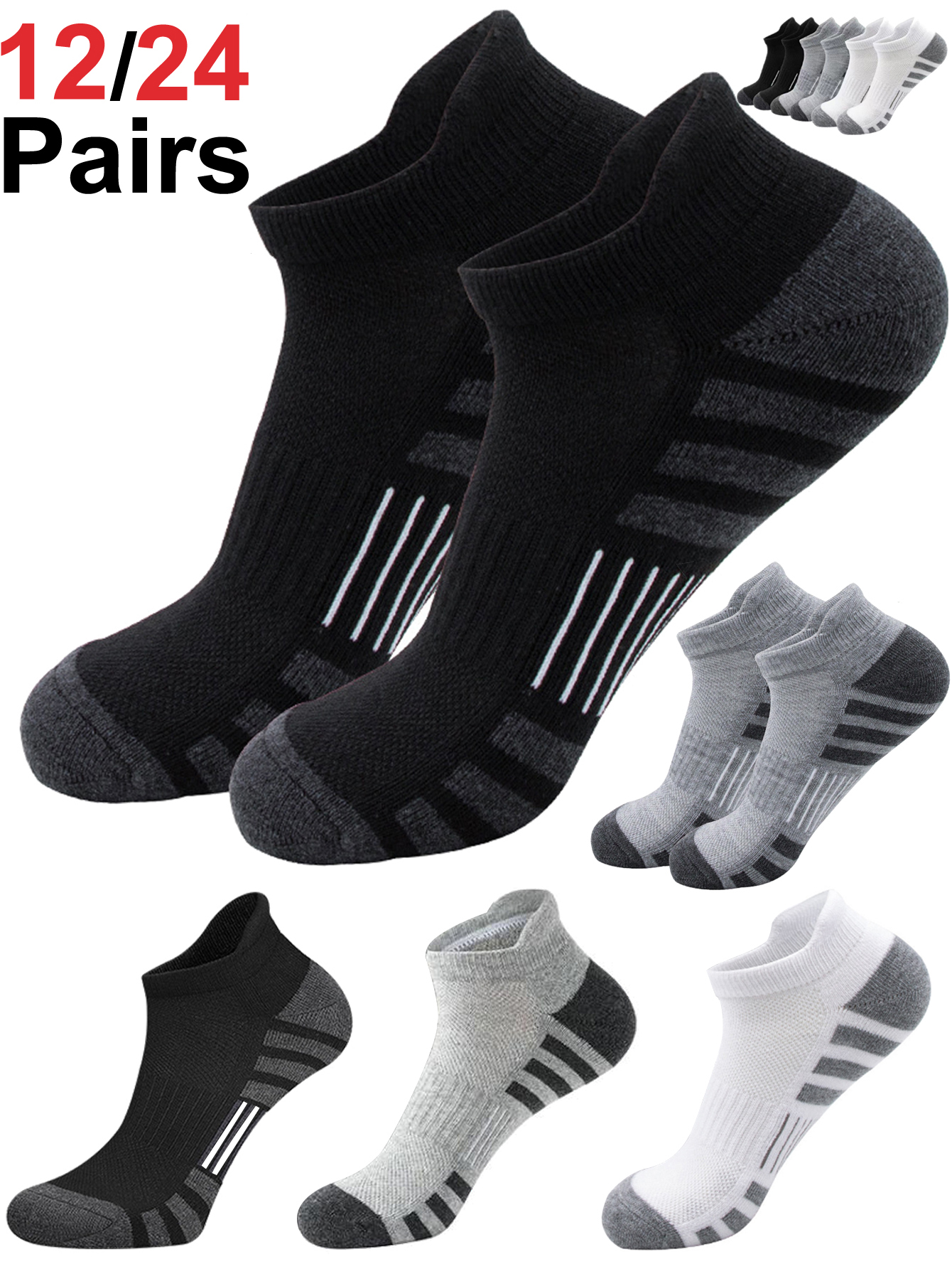 Athletic Sock Cushion - 12/24 Pairs Cushioned Breathable Ankle Athletic